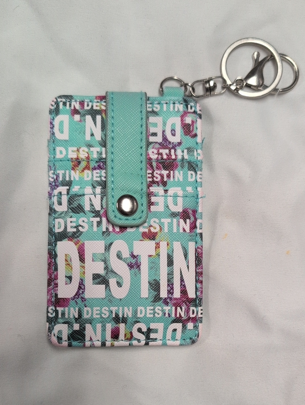 Aqua Floral Card Case Keychain with Snap Strap